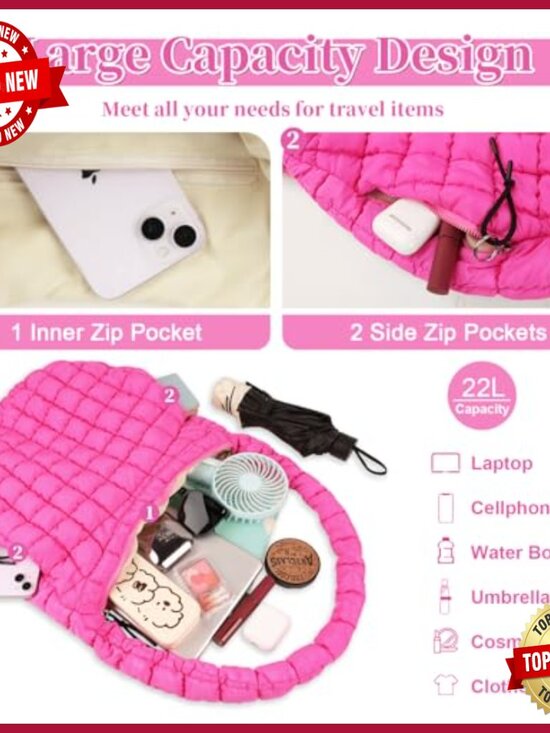 Quilted Puffer Tote & Backpack, Nylon, Lightweight, Multi-Functional Travel Bag main image 7